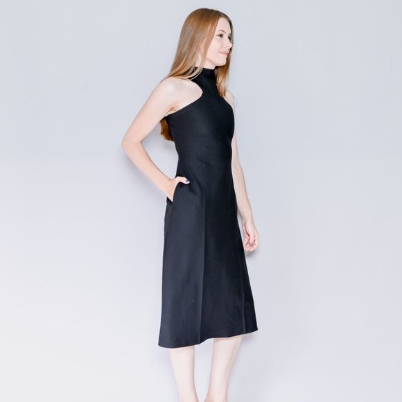 537. GIA STUDIOS Black High-Neck Midi Dress rare Designer Chic Small - Picture 3 of 7